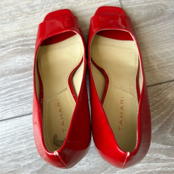 Tahari RIDDLE Red Patent  Leather Heels Open Square Toe Pumps - Picture 10 of 15